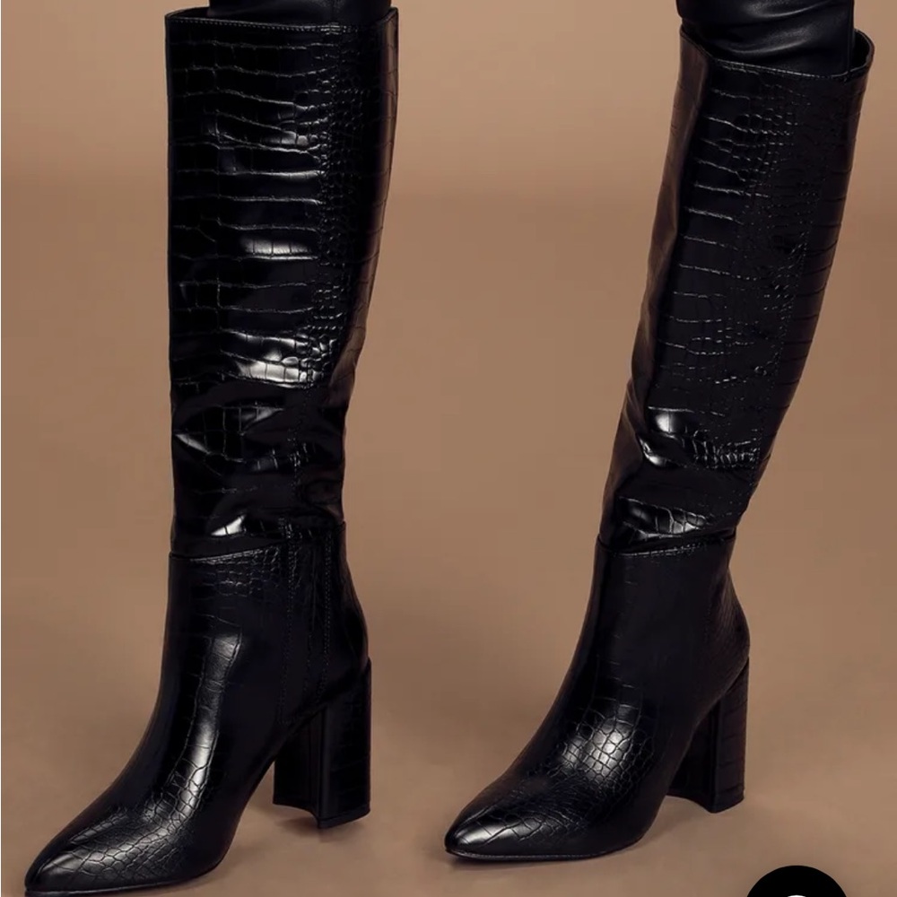 Lulus Katari Black Croc Pointed-Toe Knee High Boots